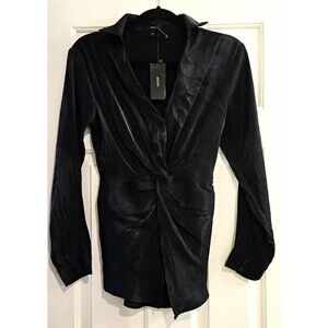 AEOM Black Satin Twist Front Blouse Top Long Sleeve Silk Look Collared NWT Small